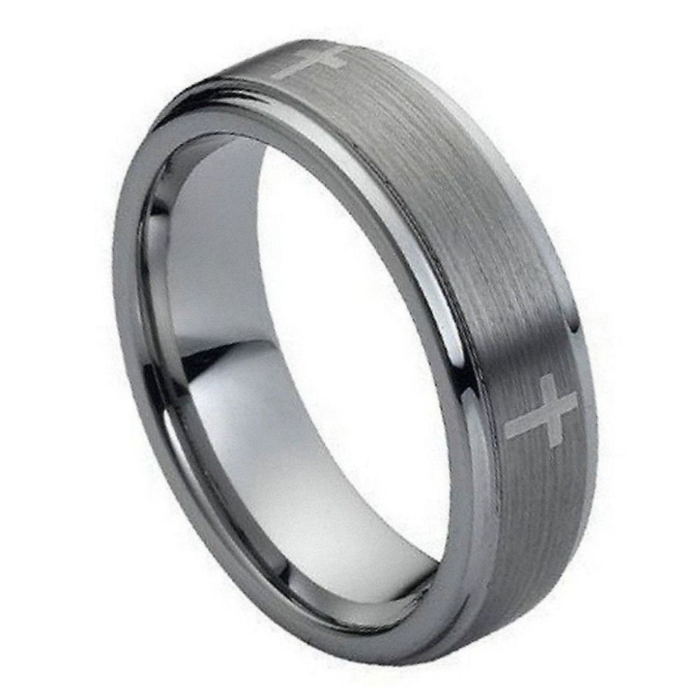 Tungsten Wedding Band Ring Flat Brushed Center Laser